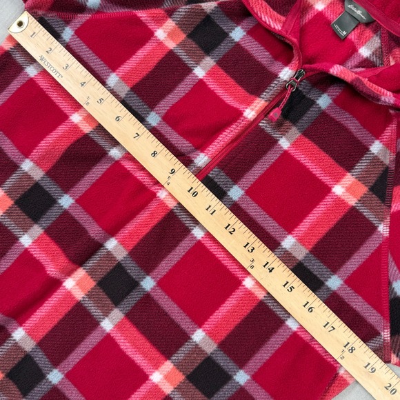 Eddie Bauer Quarter Zip Fleece Pullover Womens Med Red Plaid Camp Hike Cabincore - Picture 4 of 5